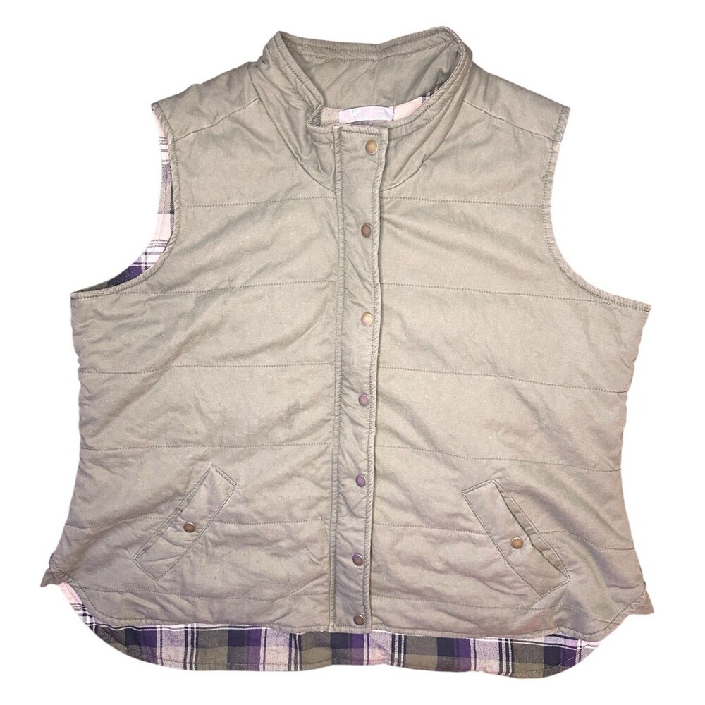 Lee Women’s Vest Army Green Plaid Interior 2X Button/Zip Outdoors Cozy